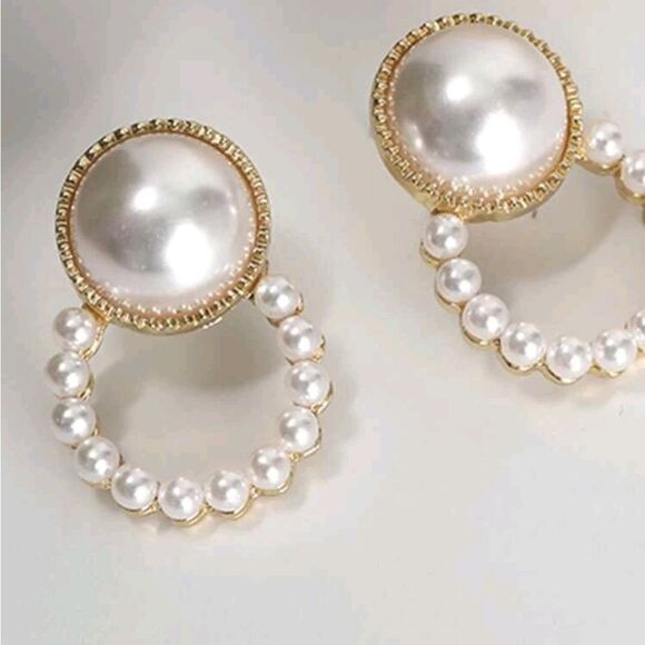 Gold white pearl earrings dainty casual or formal hoop stud small 💖2/$30 - Picture 4 of 14